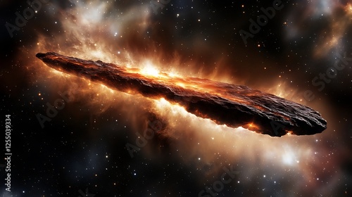 Oumuamua Inspired Interstellar Object Amidst Cosmic Nebula and Stars Background Space Phenomenon