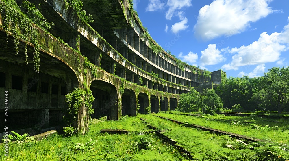 Fototapeta premium Overgrown Concrete Structure Embraced by Nature Displaying Resilience of Life Conquering Civilization