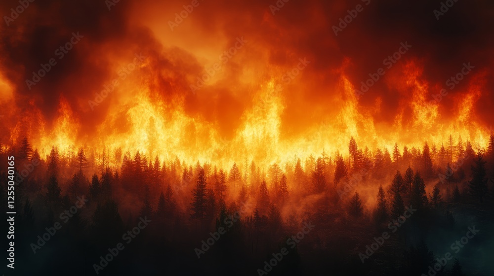 A vast forest engulfed in flames, with smoke billowing into the sky and an intense orange glow illuminating the scene A vast forest engulfed in flames, with smoke billowing into the sky and an intense orange glow illuminating the scene