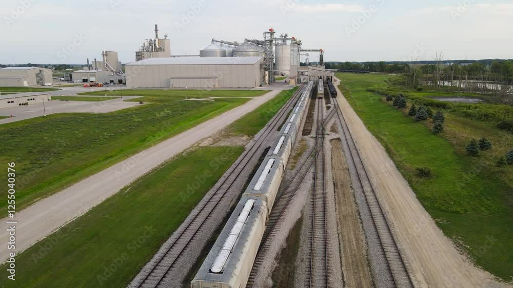 Railway leading to industrial farming facility, aerial drone view Railway leading to industrial farming facility, aerial drone view