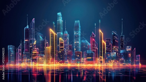 Excellent AI-generated futuristic city skyline composed entirely of neon light structures and digital grids