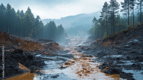 A landslide during a storm, with mud, water, and rocks cascading down a mountainside, blending with heavy rain and dark skies.