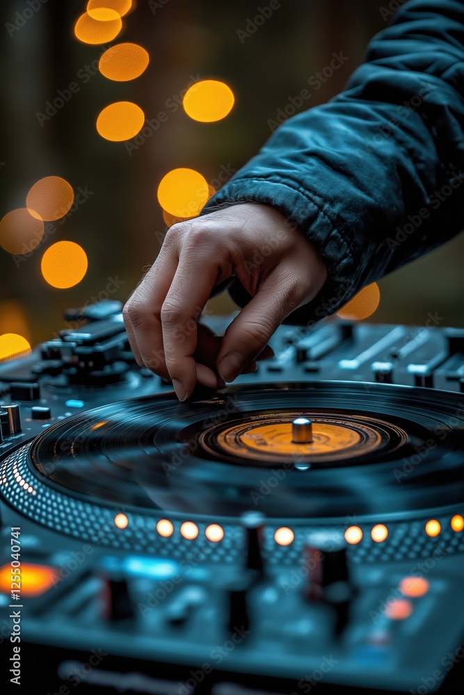 Obraz premium Dj playing vinyl record on turntable at nightclub with bokeh lights