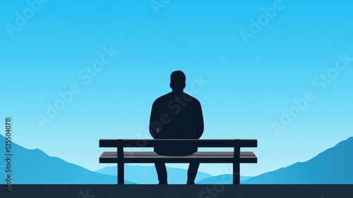 Wallpaper Mural A person sits on a bench, facing away, silhouetted by a clear blue sky. The tranquil setting features distant mountains, creating a peaceful atmosphere at twilight Torontodigital.ca