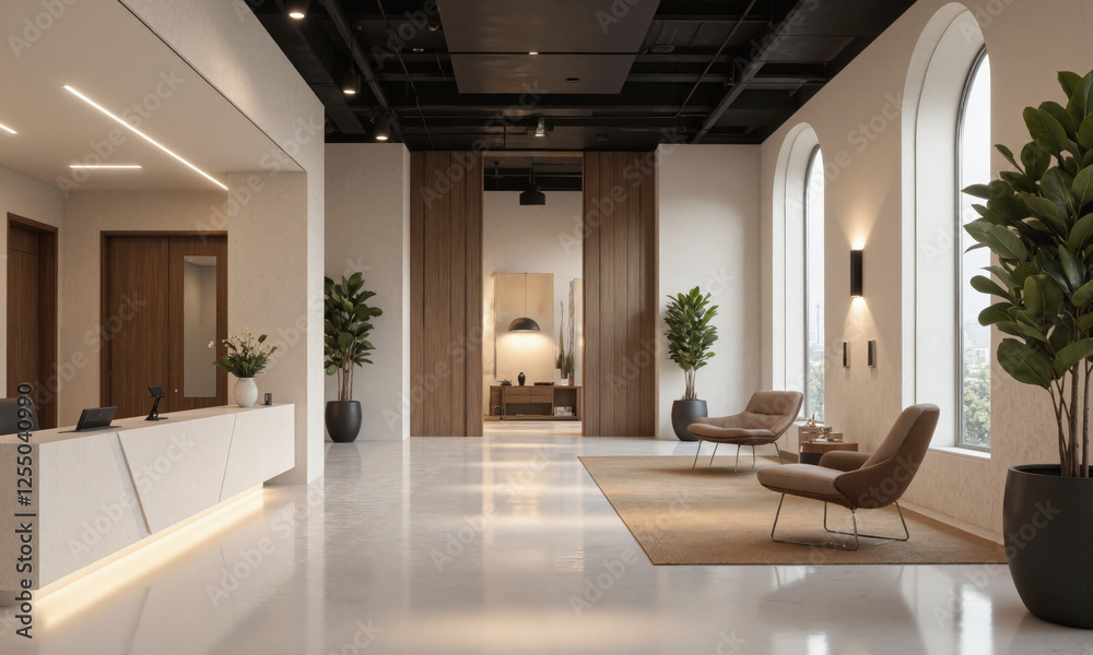 Fototapeta premium Sleek waiting room with neutral tones, a minimalist reception desk, and comfy upholstered chairs. Soft ambient lighting from overhead fixtures, accent lighting illuminating