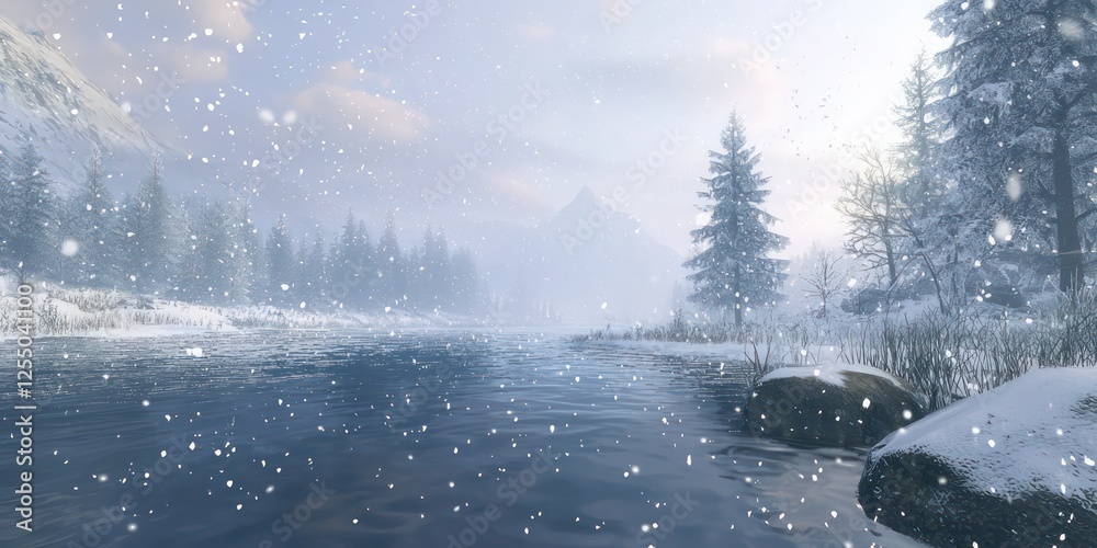 Fototapeta premium A dreamy winter scene with snowflakes gently falling in the foreground, creating a peaceful atmosphere.