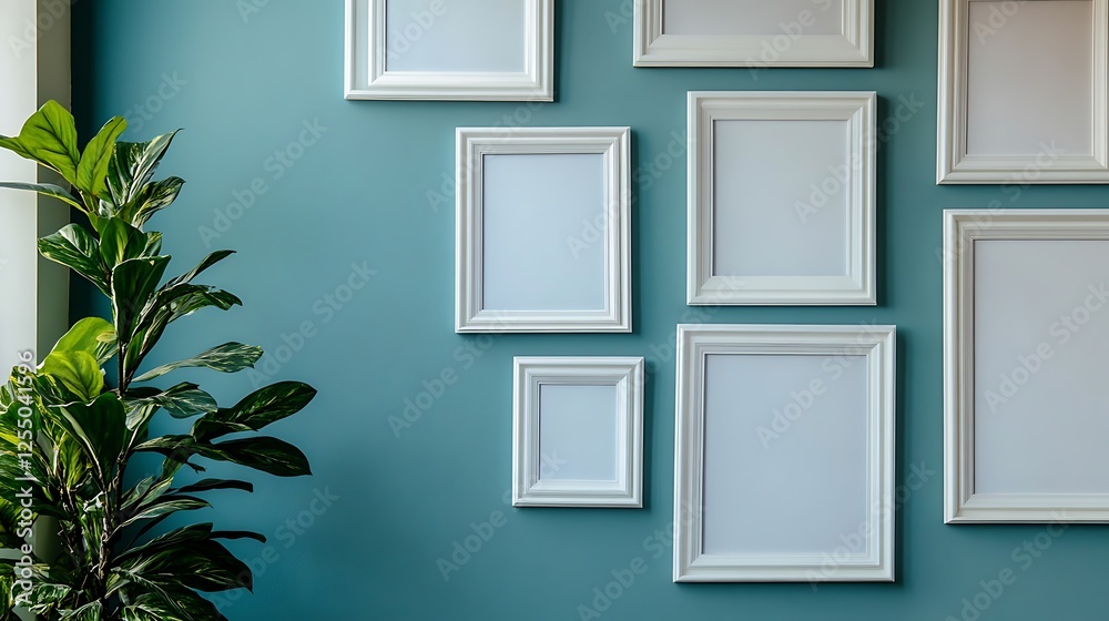 Teal wall with white frames and plant. Teal wall with white frames and plant.