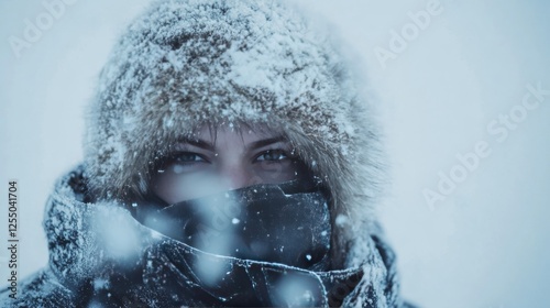 A person braving a blizzard in winter gear, the heavy snow and wind reducing visibility. photo