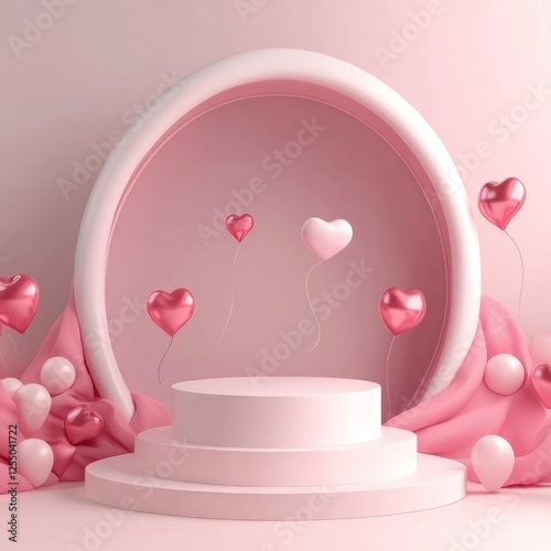 Pink heart balloons, stage, fabric backdrop. Valentine's product display photo