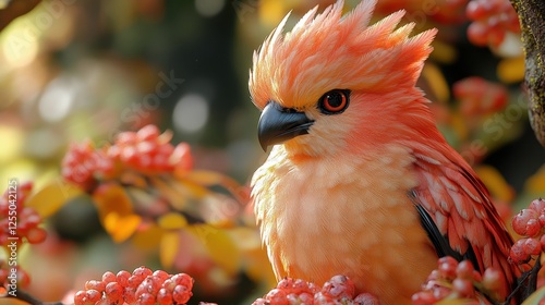 Vibrant Orange Bird Perched Among Berries  
 photo