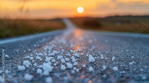A close-up view of hailstones on the ground, scattered across a paved road after a hailstorm.