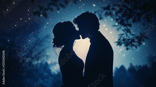 Wallpaper Mural Enchanted Love: Romantic Silhouette of Bride and Groom Kissing under Starry Sky with Dreamy Cinematic Lighting Torontodigital.ca