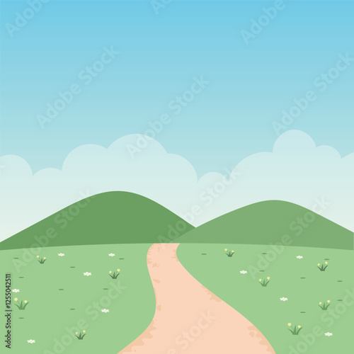 Cute kawaii floral meadow cartoon background for poster, banner, wallpaper, advertisement, and website