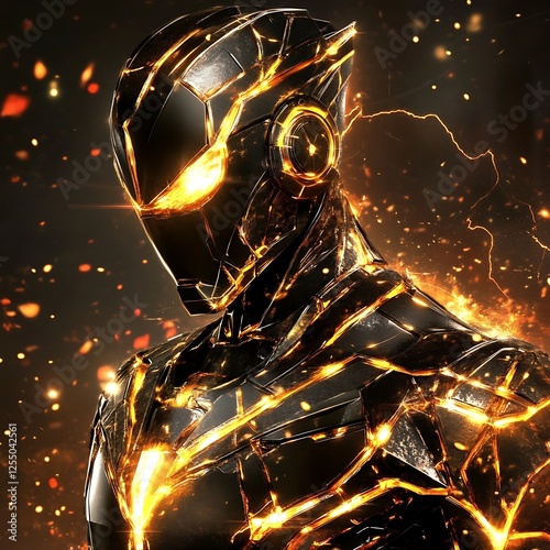 Powerful Metallic Glowing Figure in Intense Dynamic Pose Featuring Intricate Armor and Fiery Highlights photo