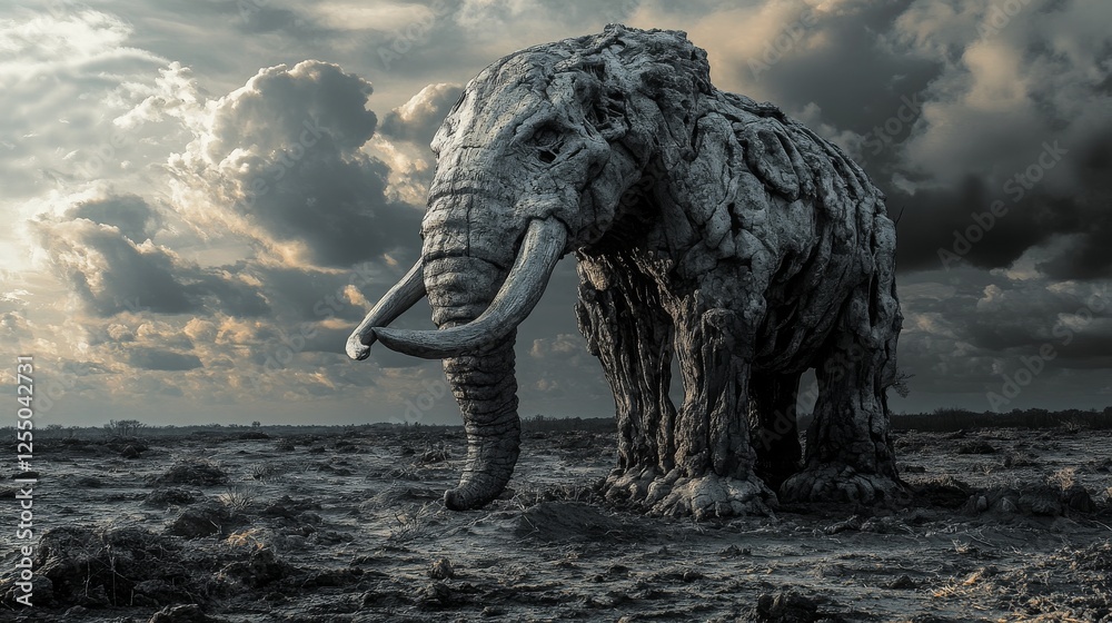 Fototapeta premium A powerful depiction of an extinct animal, such as a woolly mammoth or elephant, in a desert landscape, represented by a fossil or the empty space where it once lived