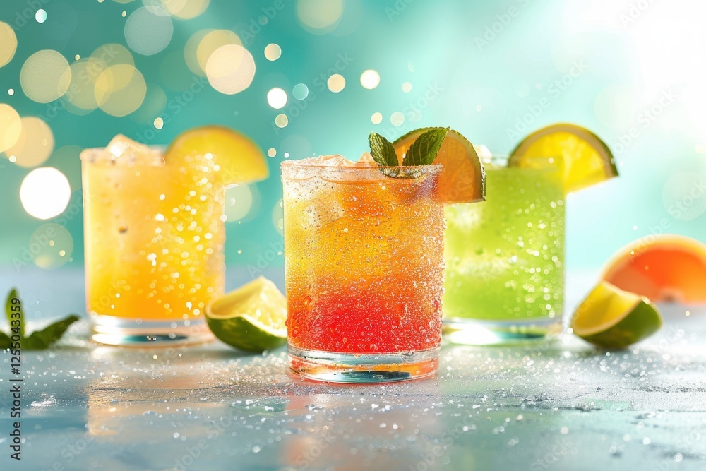 Refreshing citrus cocktails with mint on vibrant bokeh background Refreshing citrus cocktails with mint on vibrant bokeh background