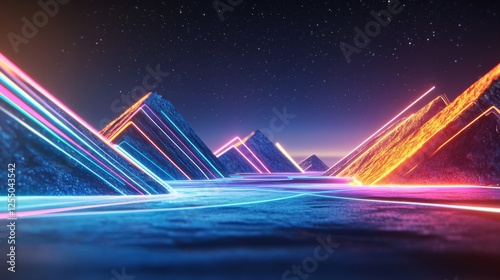 Abstract Blue diagonal lines light on black background. 3D render of an abstract color gradient spectrum. Futuristic background with glowing light effect. Illustration, bg, Cyber, space, network fast photo