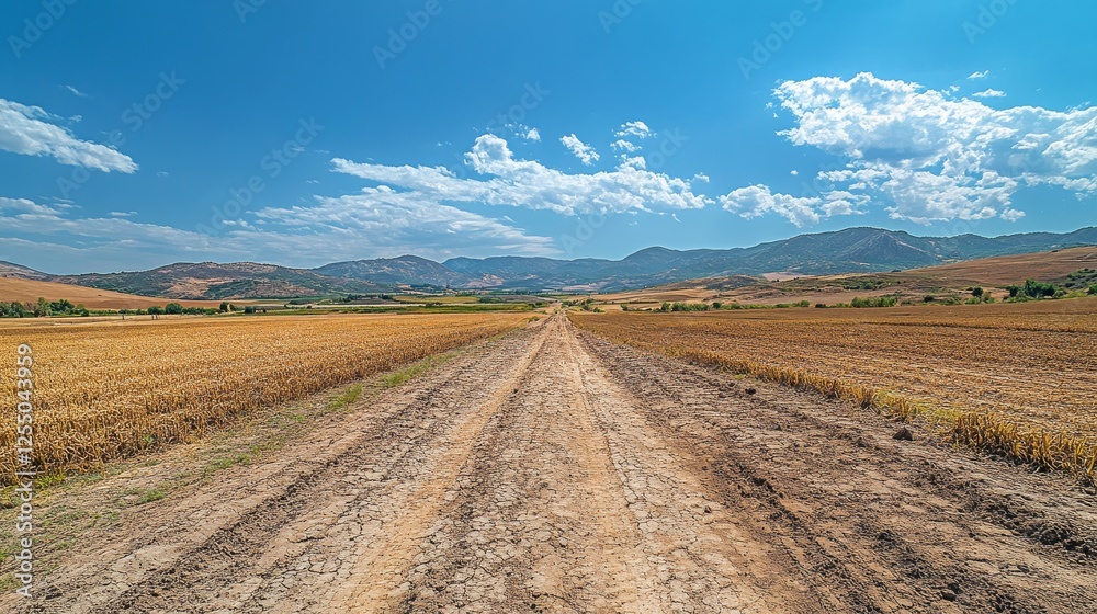 A wide-angle view of a land area suffering from desertification, with an abandoned farming area and cracked earth, showing the gradual loss of vegetation and soil fertility. A wide-angle view of a land area suffering from desertification, with an abandoned farming area and cracked earth, showing the gradual loss of vegetation and soil fertility.