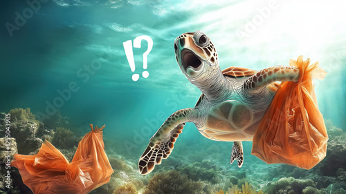 The impact of pollution concept. microplastics concept. Sea Turtle Carrying Plastic Bags Underwater Ocean Pollution Conservation