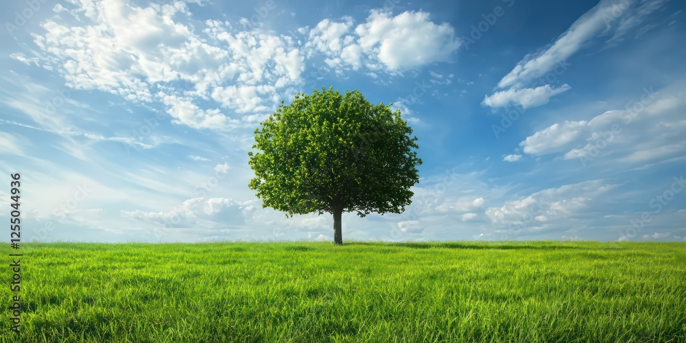 Obraz premium A lone tree standing tall in a vast, serene grassland.