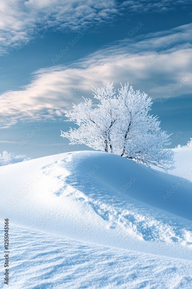 Winter Serenity Frozen Tree on Snow Covered Hill Against a Bright Blue Sky and Clouds Winter Serenity Frozen Tree on Snow Covered Hill Against a Bright Blue Sky and Clouds