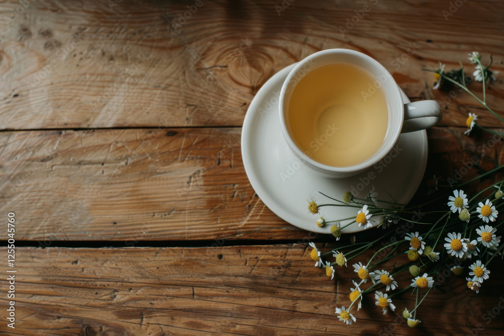 Obraz premium Cup of chamomile tea on rustic wooden table