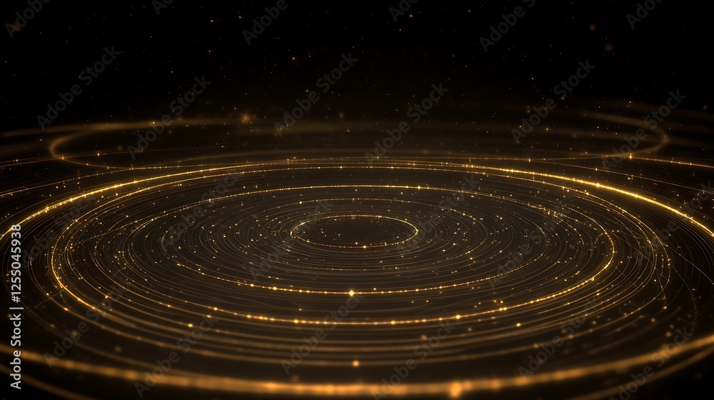 Fototapeta premium Radiant Golden Circles Flowing in Dark Space With Sparkling Particles And Glowing Lines Illustration