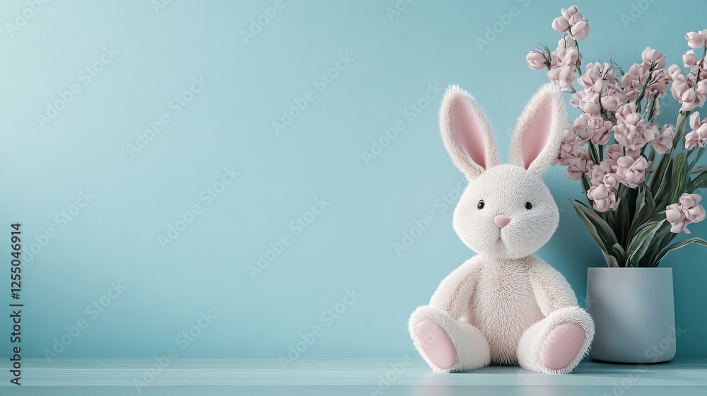 Obraz premium Charming Stuffed Rabbit Nestled Beside an Elegant Vase of Freshly Picked Flowers in a Cozy Environment Evoking Warmth and Whimsy Perfect for Home Decor and Nostalgic Moments of Joy