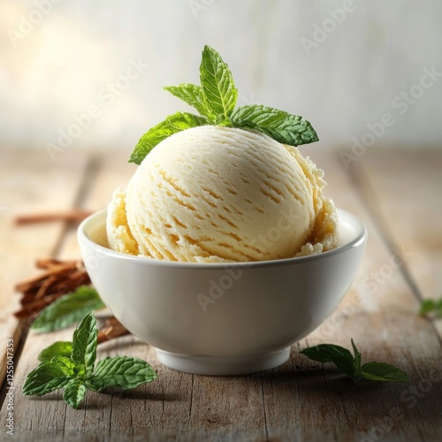 Vanilla ice cream scoop in bowl, mint garnish, wood background, dessert food photography photo