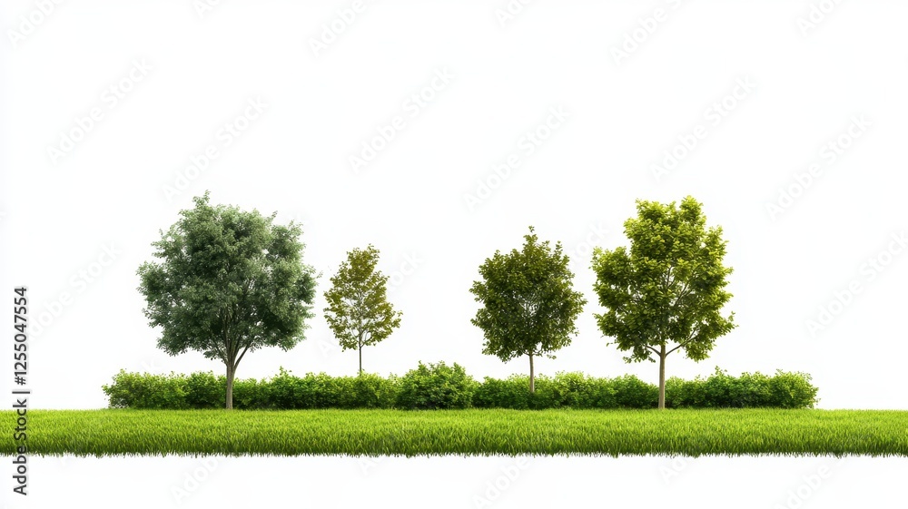 Fototapeta premium Lush line of vibrant green trees and grass on a bright background