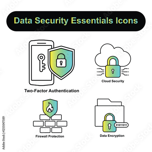 Data Security Essentials Icons: Firewall Protection, Data Encryption, Two-Factor Authentication, Cloud Security