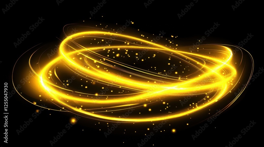 Fototapeta premium Abstract yellow shapes with glowing light lines and particles