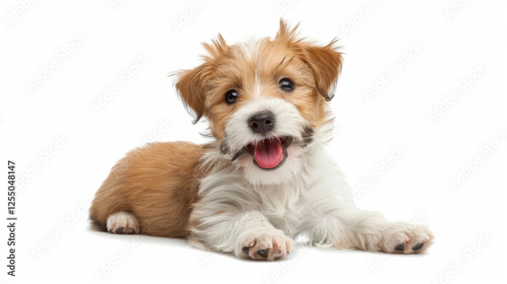 Adorable Welsh puppy, tongue out panting, winking playfully, sitting on a white backdrop Adorable Welsh puppy, tongue out panting, winking playfully, sitting on a white backdrop
