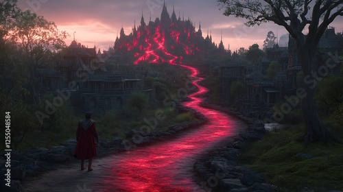 Red River to Dark Stone Castle Mysterious Journey of the Hero Under a Cloudy Twilight Sky photo