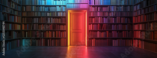 Fantasy library concept. Mysterious Library Doorway Neon Lit Bookshelves and Open Door to the Unknown
