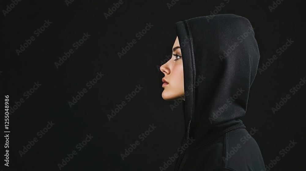 Profile View Of Woman In Black Sequin Hoodie Profile View Of Woman In Black Sequin Hoodie