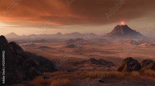 Remote Highland Landscape Under Ominous Skies with Distant Peak Radiating Light in Dim Atmosphere