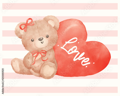 Adorable Vintage Valentine Coquette Teddy Bear with Red Heart in Watercolor Style