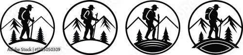 Hiker on a mountain peak silhouette logo design photo