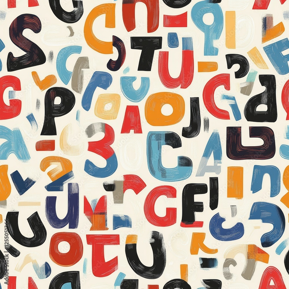 Vibrant mid century modern seamless pattern with bold letters and numbers on cream background Vibrant mid century modern seamless pattern with bold letters and numbers on cream background
