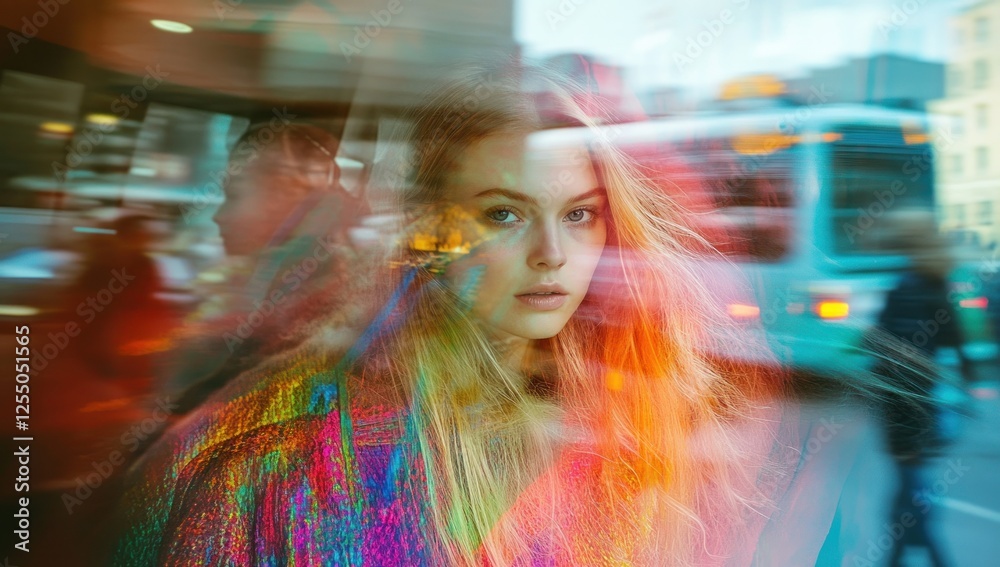 Obraz premium Urban Dreamscape: A Young Woman's Reflective Gaze Through a City Window