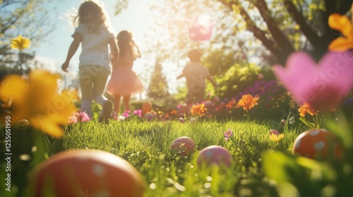 Children running on grass searching for easter eggs in garden