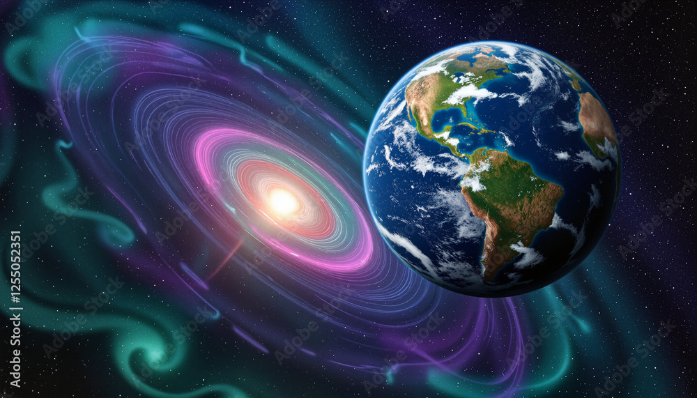 Fototapeta premium Earth in space surrounded by cosmic phenomena illustrating solar interaction and energy waves