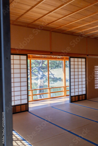 日本の和室から見える庭園