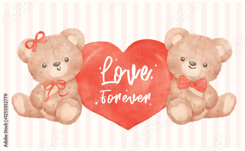 Vintage Valentine Coquette Teddy Bear together with Red Heart in Watercolor Style