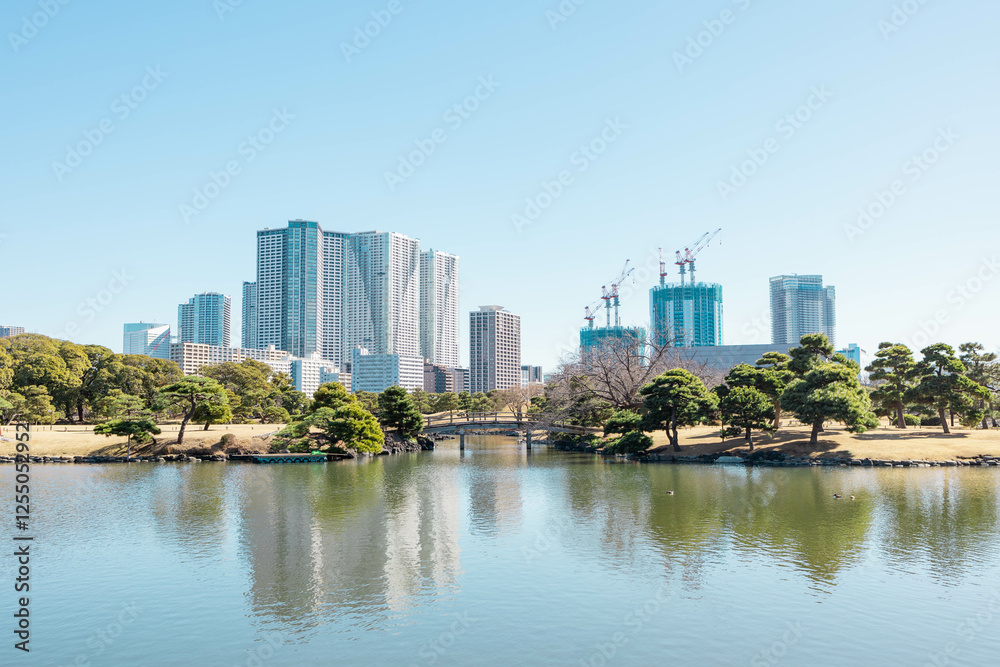 庭園から見える水面に映る東京のビル群