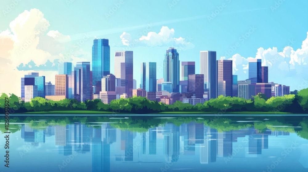 Fototapeta premium A flat vector city skyline of Minneapolis, Minnesota, USA. A beautiful panoramic view of Skyscrapers.