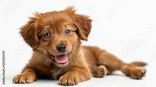 Adorable Welsh puppy, tongue out panting, winking playfully, sitting on a white backdrop