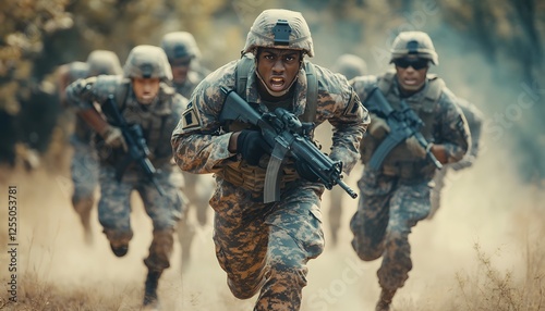 Soldiers run forward carrying weapons in a dusty environment