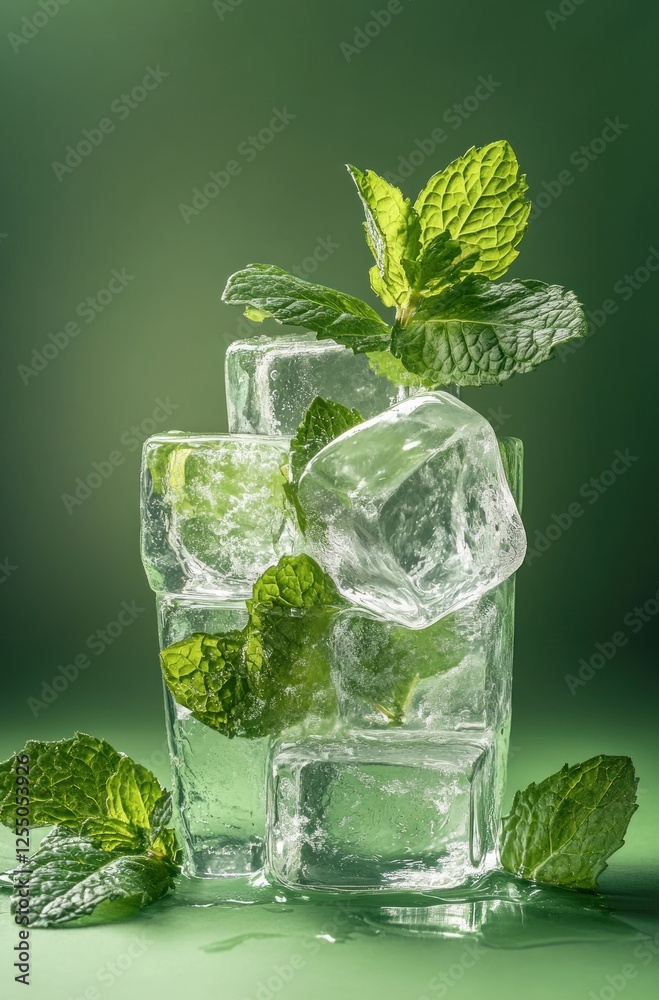 Refreshing mint leaves and ice cubes in a glass. Refreshing mint leaves and ice cubes in a glass.